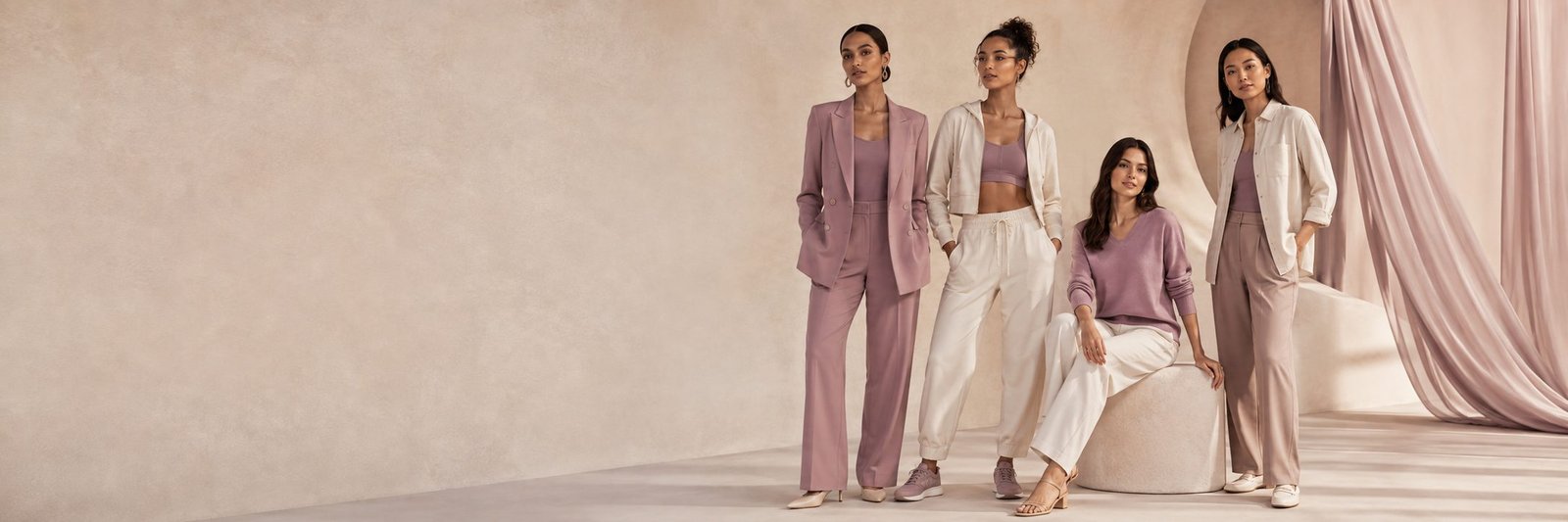 Four women modeling coordinated mauve, cream, and neutral outfits from Mia's Fashions